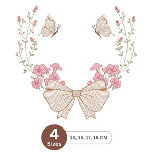 Broderidesign med blomkrans och rosett | Maskinbroderi med fjärils- och vintageblomkrans, digital nedladdning – 4 storlekar