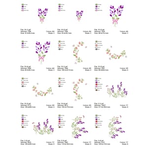 May include: A set of 10 embroidery designs featuring purple and pink flowers with green leaves. The designs include a bouquet of flowers, a floral wreath, and a floral border. The designs are perfect for adding a touch of elegance to any project.
