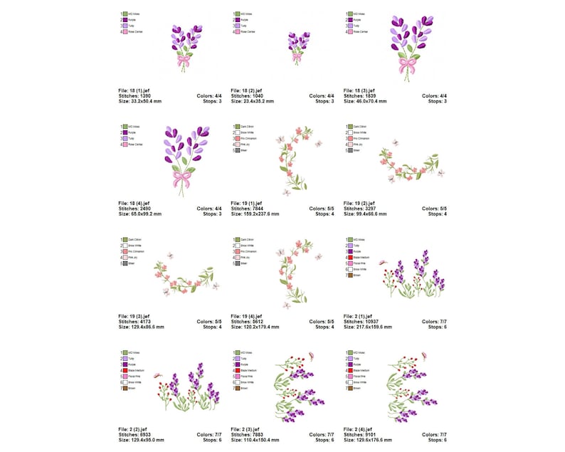 May include: A set of 10 embroidery designs featuring purple and pink flowers with green leaves. The designs include a bouquet of flowers, a floral wreath, and a floral border. The designs are perfect for adding a touch of elegance to any project.