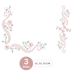 Può includere: Motivi floreali ricamati in rosa e verde. L'immagine mostra tre diversi motivi floreali ricamati, tra cui un motivo ad angolo e un motivo verticale. I disegni sono disponibili in tre misure: 12, 13 e 15 cm.