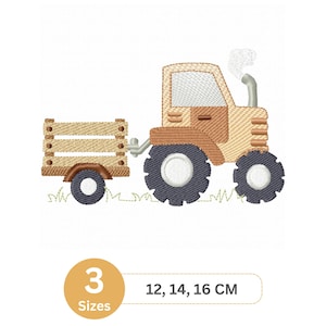 May include: Embroidered design of a tan and brown tractor pulling a wooden wagon. The tractor has large black tires and a smokestack with white smoke. The image includes the text "3 Sizes" and measurements of 12, 14, and 16 cm.