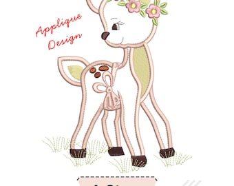 May include: An embroidery applique design of a fawn with a flower crown, a bow on its back, and brown spots. The text reads Applique Design and 4 Sizes. The fawn is outlined in pink with yellow inner ears and stands on green stitched grass.