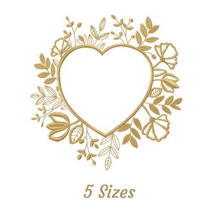 Zierlich florales Herz Stickmuster - Vintage-inspiriertes Herz mit floralem Rahmen Stickmuster - 5 Grössen