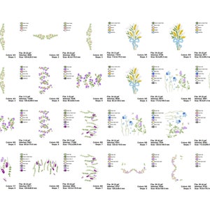 May include: A set of 30 embroidery designs featuring floral motifs, including bouquets, vines, and sprigs. The designs are in various colours, including purple, blue, green, and yellow. The designs are perfect for adding a touch of elegance to any project.