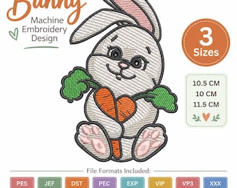 May include: A machine embroidery design featuring a light gray bunny with pink inner ears and paw pads, holding two orange carrots with green leafy tops. Text includes Bunny Machine Embroidery Design, 3 Sizes, 10.5 cm, 10 cm, 11.5 cm, and file formats PES, JEF, DST, PEC, EXP, VIP, VP3, XXX.