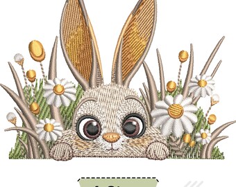 May include: An embroidery design featuring a light brown bunny with large dark eyes peeking from behind green grass and white daisies with yellow centers. The bunny has tall ears and small paws visible. Below the design is a label reading 4 Sizes.