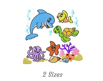 Sea Animals Embroidery Design - Ocean Animals Machine Embroidery Pattern & Designs – 2 Sizes – Instant Download