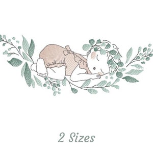 May include: Embroidered design of a sleeping baby wearing a brown onesie and a leafy crown, surrounded by green foliage. The design includes the text "2 Sizes".