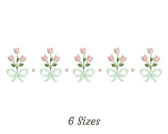 Flowers With Bow Border Embroidery Design, Machine Embroidery Pattern - Instant Download