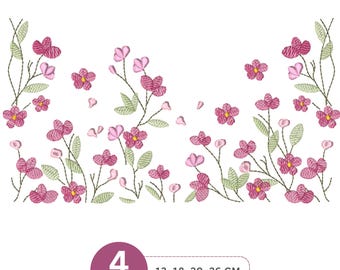 Pink Floral Border Embroidery Design | Spring Floral machine Embroidery Pattern – 4 Sizes