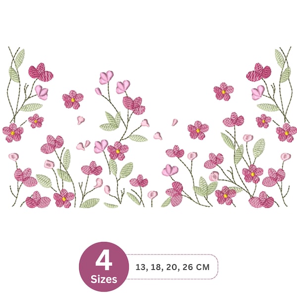 Pink Floral Border Embroidery Design | Spring Floral machine Embroidery Pattern – 4 Sizes