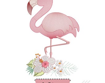 May include: An embroidery design featuring a pink flamingo standing on one leg above a cluster of white hibiscus flowers with yellow centers and green leaves. Below the illustration, a pink banner contains the text 4 Sizes.