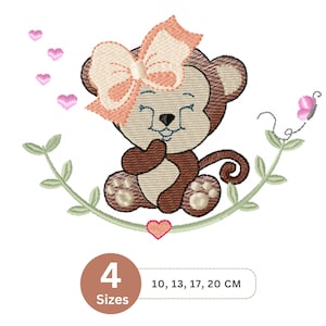 May include: An embroidered design of a smiling monkey wearing a bow, surrounded by hearts and a butterfly. The design is in shades of brown, pink, and green. The image includes the text "4 Sizes" and measurements in centimeters.