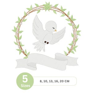 Peace Dove with Leaf Wreath Embroidery Design – 5 Sizes – Flying Bird with Banner – Wedding and Christening Pattern - Instant Download