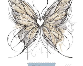 May include: An embroidery design featuring a butterfly with intricate black and tan line work and a central white heart. The wings display detailed shading and sketch-like strokes. Below the butterfly, a light blue banner displays the text 5 Sizes.