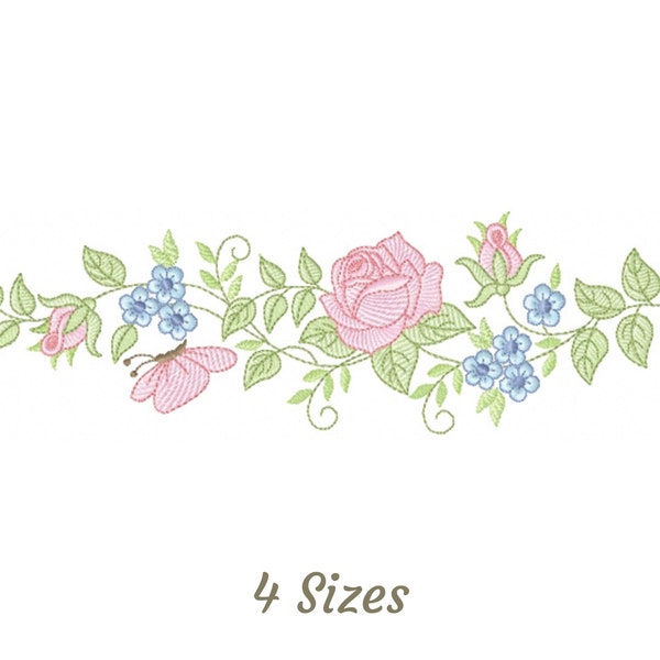 Rose Flower Border Embroidery Design - Creative Border Corner Machine Embroidery Pattern & Designs – 4 Sizes – Instant Download