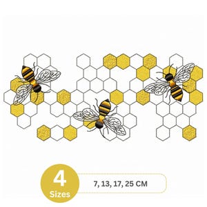 Könnte beinhalten: Gestickte Design mit drei Bienen und einem Wabenmuster in Gelb und Schwarz. Das Design ist in vier Größen erhältlich: 7, 13, 17 und 25 cm.