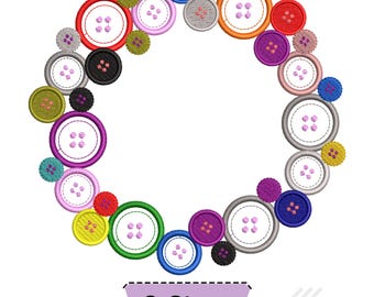 May include: A circular arrangement of various colorful sewing buttons in shades of red, orange, yellow, green, blue, purple, pink, gray, and black. Each button features four holes. Below the circle is a light purple banner with the text 3 Sizes.