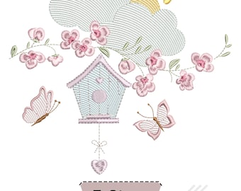 May include: An embroidery design featuring a light blue birdhouse with a pink roof, surrounded by pink flowers, two butterflies, and a yellow sun behind grey clouds. A small heart hangs from the birdhouse. Text at the bottom reads 5 Sizes.
