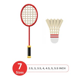 May include: A red badminton racket with a black and yellow handle and a white net is displayed next to a white and beige shuttlecock with red stripes. The image includes text indicating seven sizes, ranging from 2.5 to 5.5 inches.