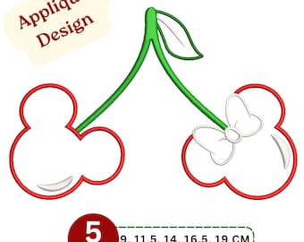 May include: An embroidery applique design featuring two red cherry-shaped outlines with Mickey Mouse-style ears, connected by a green stem with a leaf. One cherry has a white bow. Text includes "Applique Design" and "5 Sizes 9, 11.5, 14, 16.5, 19 CM".