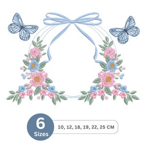 Floral Wreath with Butterflies Embroidery Design – Elegant Flowers and Bow Machine Embroidery Pattern for Towels, Linens, and Gifts