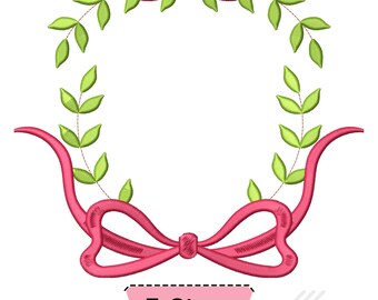 May include: An embroidery design featuring a circular wreath of light green leaves with a pink bow at the top and a larger pink bow at the bottom. Below the design, a pink rectangular label contains the black text 5 Sizes and Swipe For Sizes.