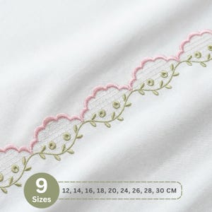 Härlig vågig spetskant fylld med vinblad, små prickar och en rosa vågig kant. Broderidesign, 9 storlekar, direkt nedladdning.
