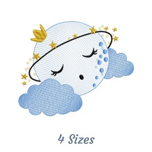 May include: A blue and white cartoon moon with a gold crown and stars around it, sleeping on a blue cloud. The moon has closed eyes and a small mouth. The text "4 Sizes" is below the image.