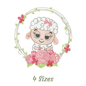 Baby Sheep with Floral Frame Embroidery Design - Baby Animal Machine Embroidery Pattern & Designs – 4 Sizes – Instant Download