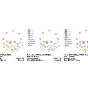 May include: An embroidery design showing a floral garden with tulips, daisies, and other flowers in various colours, with purple hearts above. Available in 16cm, 22cm, and 27cm sizes.
