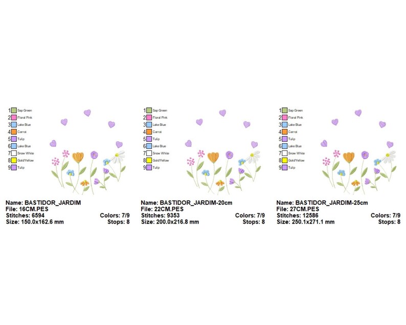 May include: An embroidery design showing a floral garden with tulips, daisies, and other flowers in various colours, with purple hearts above. Available in 16cm, 22cm, and 27cm sizes.