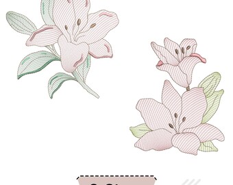 May include: Two machine embroidery designs featuring light pink lily flowers with green leaves. The petals and leaves are rendered with detailed stitching patterns. A rectangular label at the bottom displays the text 3 Sizes and SWIPE For Sizes.