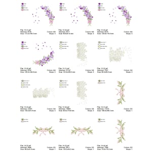 May include: A set of embroidery designs featuring lavender flowers, a bouquet of lavender, a wreath of lavender, and a wreath of white flowers. The designs are available in multiple sizes and colours.