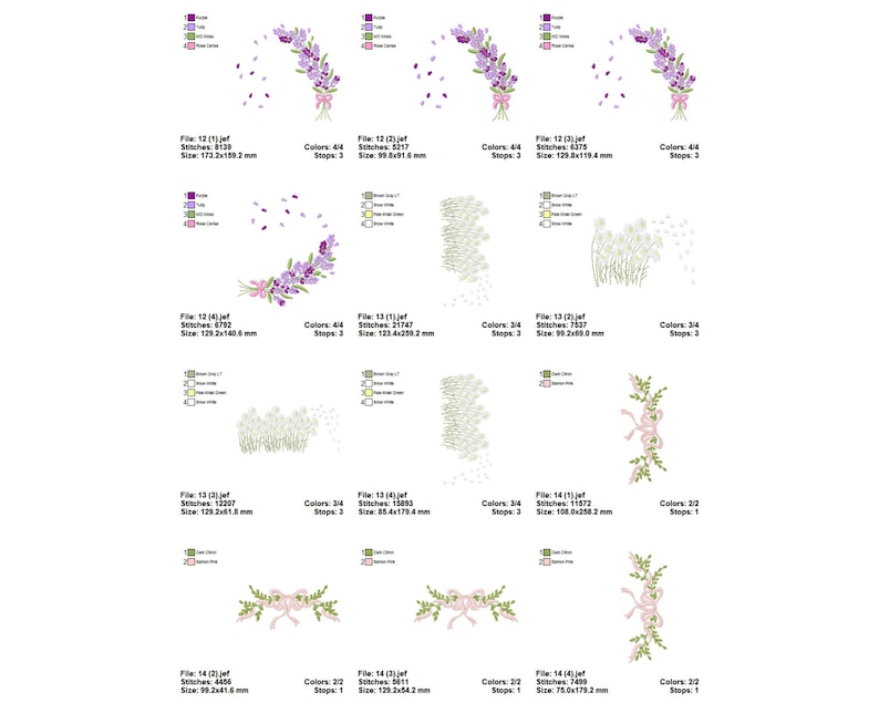 May include: A set of embroidery designs featuring lavender flowers, a bouquet of lavender, a wreath of lavender, and a wreath of white flowers. The designs are available in multiple sizes and colours.
