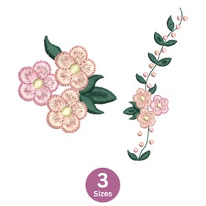 May include: Embroidered floral designs in pink, peach, and yellow with green leaves. The image shows two floral arrangements, one a cluster and the other a vertical stem. A purple circle with the number 3 and the word "Sizes" is at the bottom.