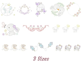 Floral Baby Animal Embroidery Design, Machine Embroidery Pattern- 11 Types - Instant Download