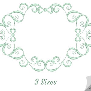 May include: A delicate, light green, oval-shaped embroidery design with a swirling, floral pattern. The design is perfect for adding a touch of elegance to any project.  The text "3 Sizes" is included in the image.