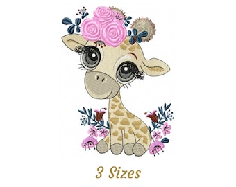 Flower Giraffe Embroidery Design - Cute Baby Giraffe Animal Machine Embroidery Pattern & Designs – 3 Sizes – Instant Download