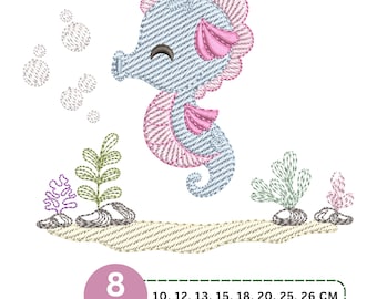 May include: An embroidery design featuring a light blue seahorse with pink accents, surrounded by small bubbles and green and pink aquatic plants on a sandy base. The text 8 Sizes and 10, 12, 13, 15, 18, 20, 25, 26 CM is displayed below.