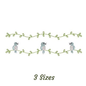 May include: Embroidered design featuring three blue birds singing on a green leafy branch. The design is available in three sizes.