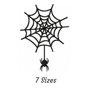 May include: Black and white embroidery design of a spider's web with a spider hanging from the bottom. The design is available in 7 sizes.