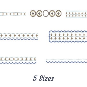 May include: Five different sizes of decorative borders with a blue and white pattern and brown fleur-de-lis accents. The borders are shown on a white background.