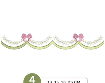 May include: An embroidery design featuring a scalloped light green border with stitched leaf patterns and two pink bows. Below the design, a circular graphic displays the text 4 Sizes followed by the measurements 13, 15, 18, 26 CM.