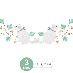 May include: An embroidered design featuring two white cats with gray bows, connected by their tails. The cats are surrounded by green leaves and tan floral accents. The design is available in 3 sizes: 13, 17, and 25 cm.