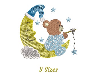 Teddy Bear And Moon Machine Embroidery Design, Instant Download