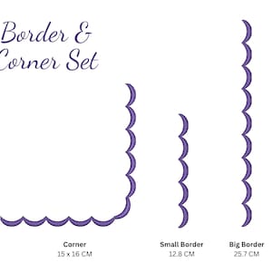 Może przedstawiać: Zestaw trzech fioletowych falistych obramowań i rogu. Róg ma wymiary 15 x 16 cm. Małe obramowanie ma 12,8 cm. Duże obramowanie ma 25,7 cm.