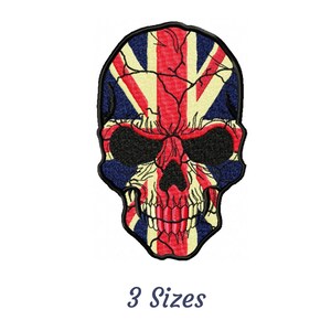 May include: Embroidered patch of a skull with a cracked Union Jack flag design. The skull is red, white, and blue with black eyes. The text "3 Sizes" is below the skull.