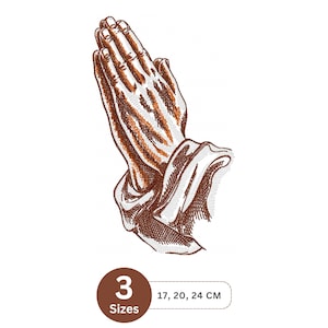 May include: Embroidered design of praying hands in brown and white. The image includes a circular graphic with the number "3" and the word "Sizes", along with size options of 17, 20, and 24 cm.