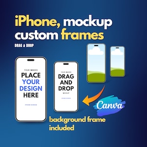 May include: Three iPhone mockups with a blue background. The mockups are for drag and drop images. The text "YOUR IMAGES PLACE YOUR DESIGN HERE" is on the left mockup. The text "YOUR IMAGES DRAG AND DROP MOCKUP" is on the middle mockup. The text "Canva" is on the right side of the image.